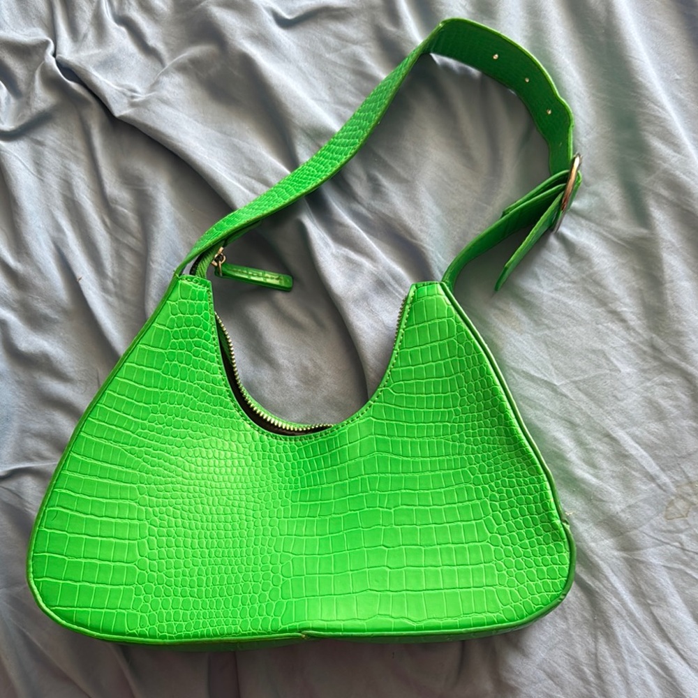 Green Crocodile-Embossed Shoulder Bag